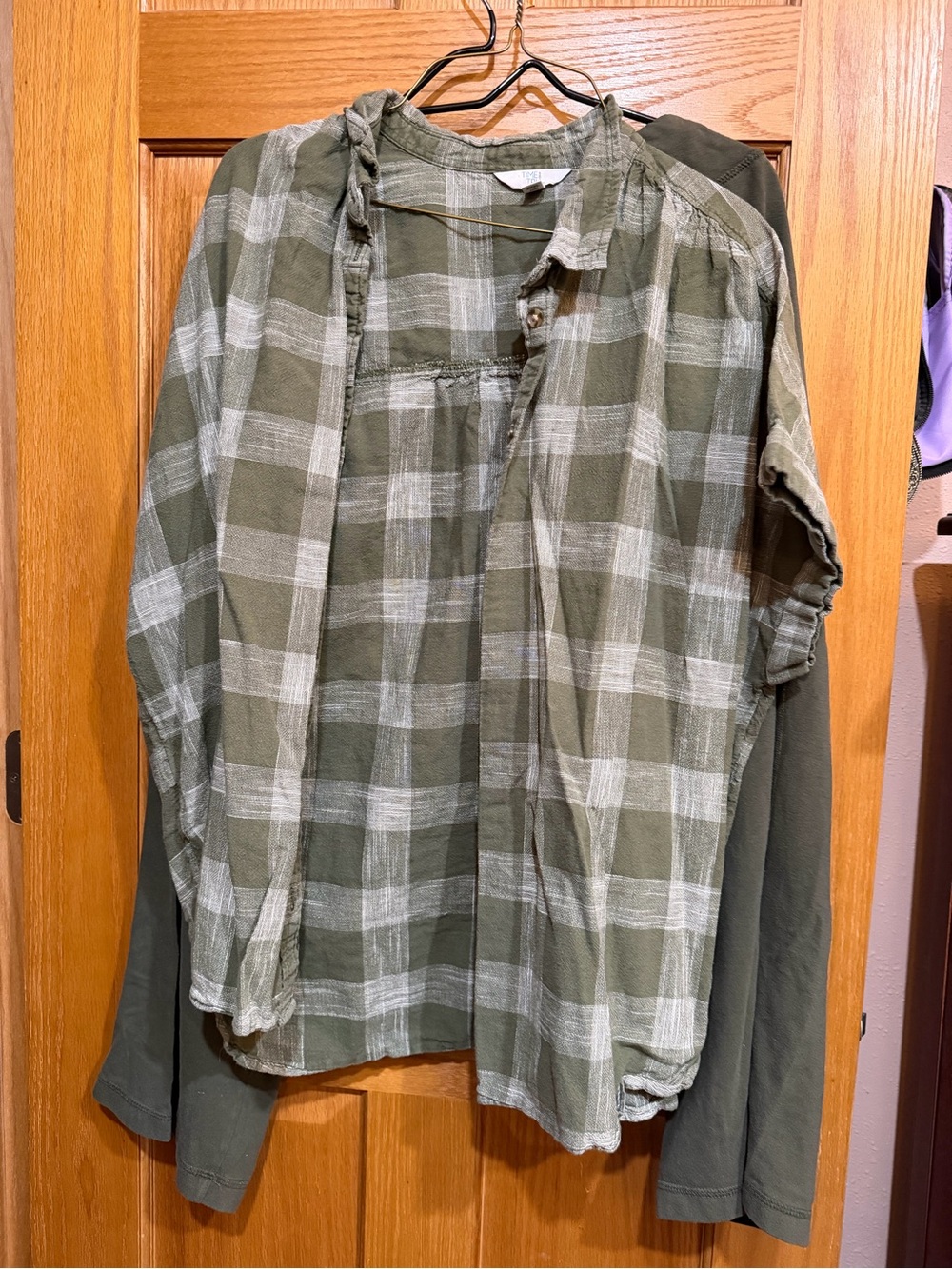 Time and Tru Olive and White Plaid Button-Front Shirt